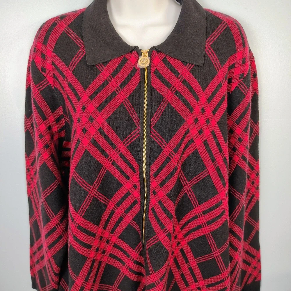 Anne‎ Klein Red Black Plaid Zip Front Cardigan Sweater XL Heavyweight Soft NEW